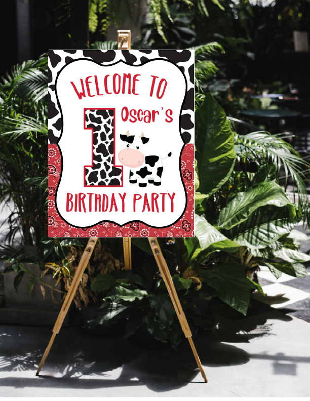 farm cow red bandana birthday welcome sign