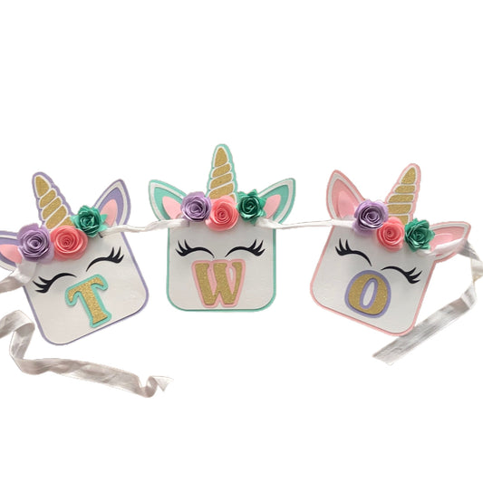 Unicorn 3D flowers high chair birthday banner