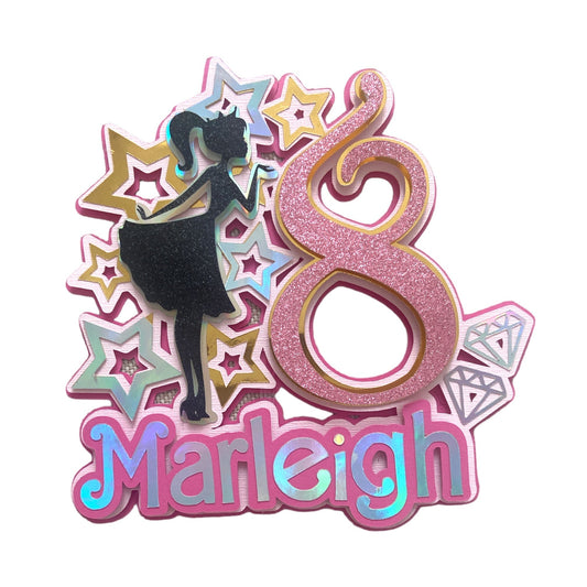doll pink cake topper with gold holographic stars