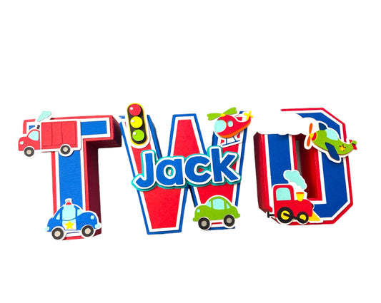 Two fast cars, trucks, train helicopter 3d letter for cake table decoration 